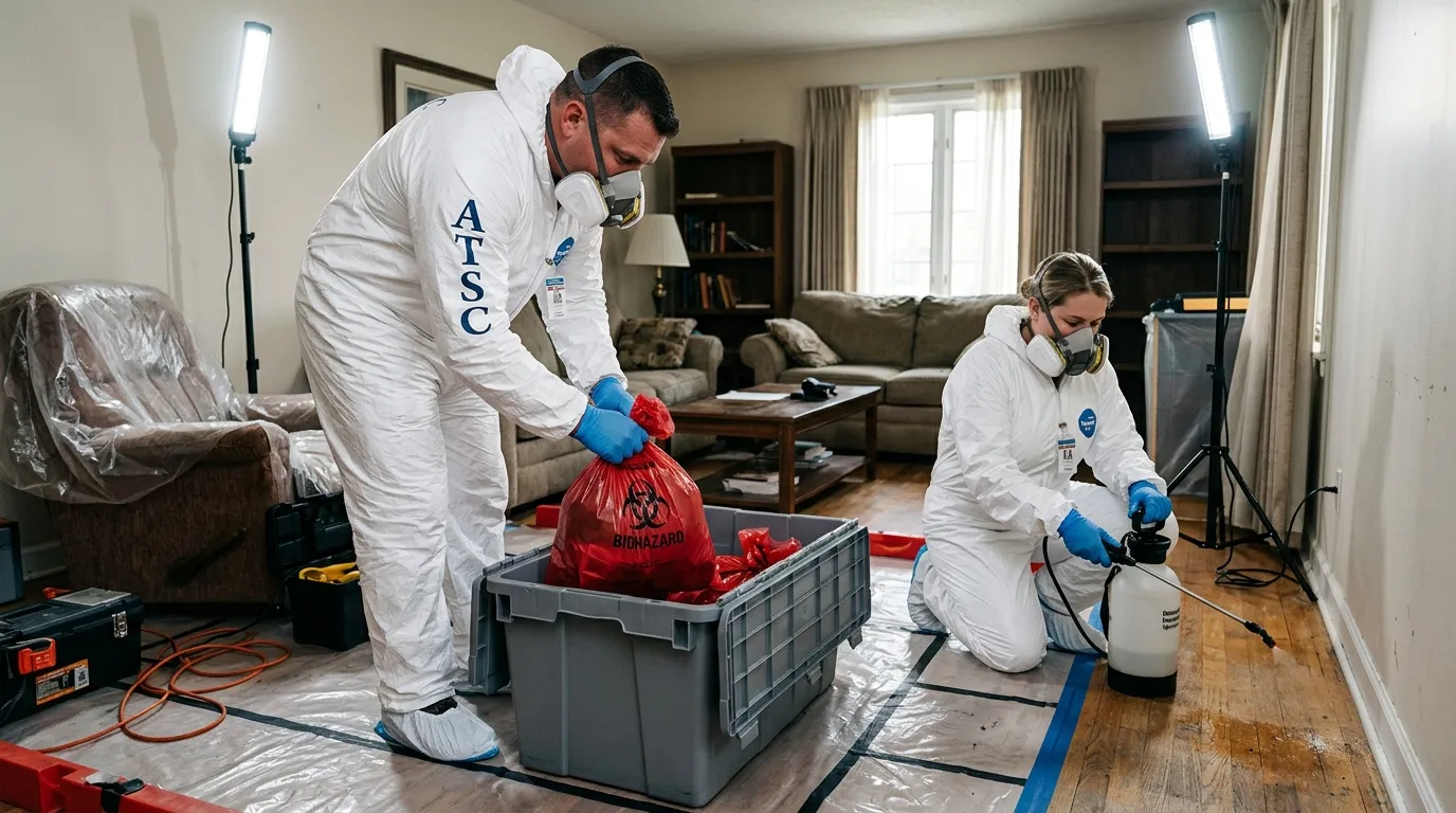 Professional Biohazard Cleanup technician in full PPE working in Fox Chase